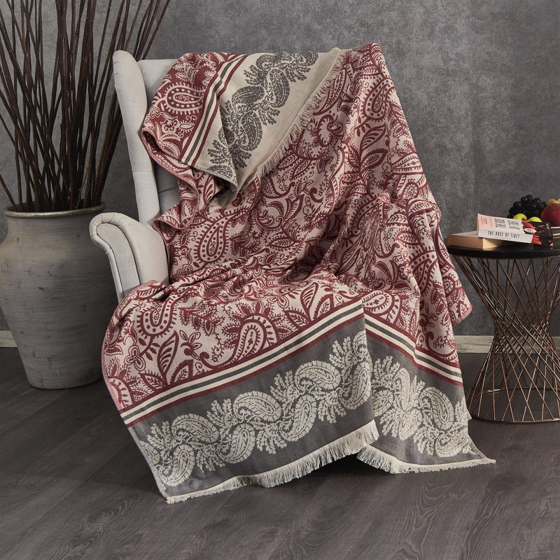 Valetta Jacquard Throw Blanket, Maroon/Grey