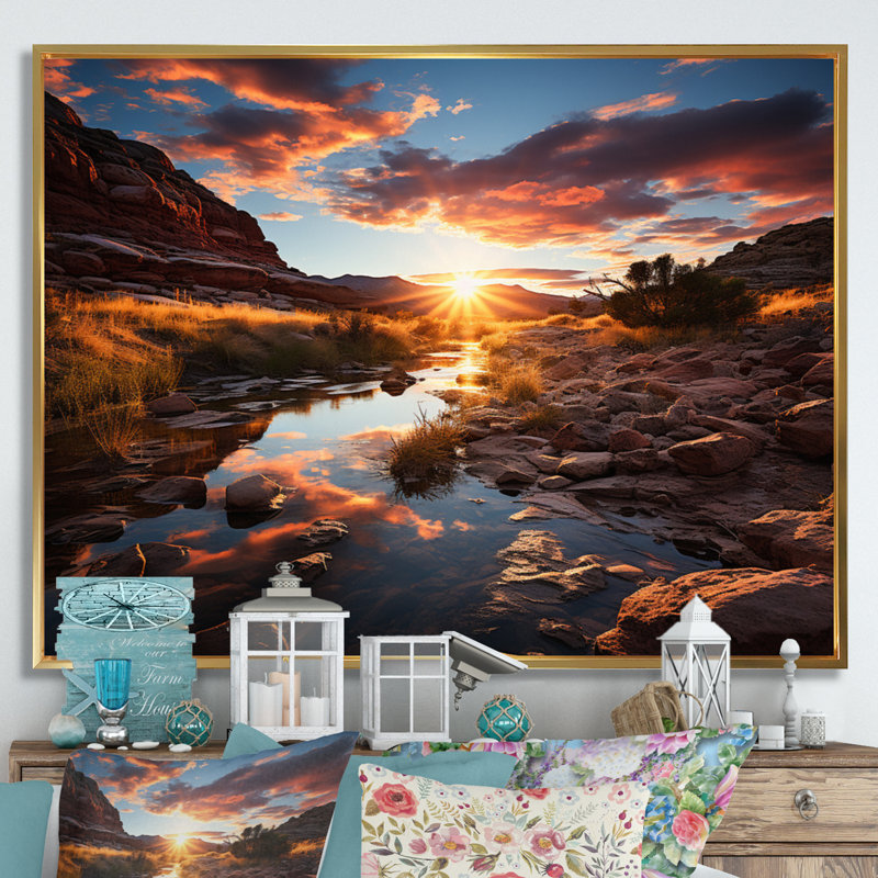 Coucher de soleil à Utah Mountain II - Utah, art mural, H 16 po x l 32 po x P 1 po, Cadre flottant doré