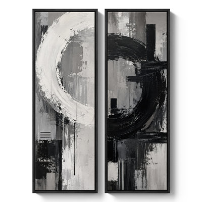 Black Gray Circular Brushstroke Abstract – Set of 2 Framed Wall Art Print on Canvas 60"x20"