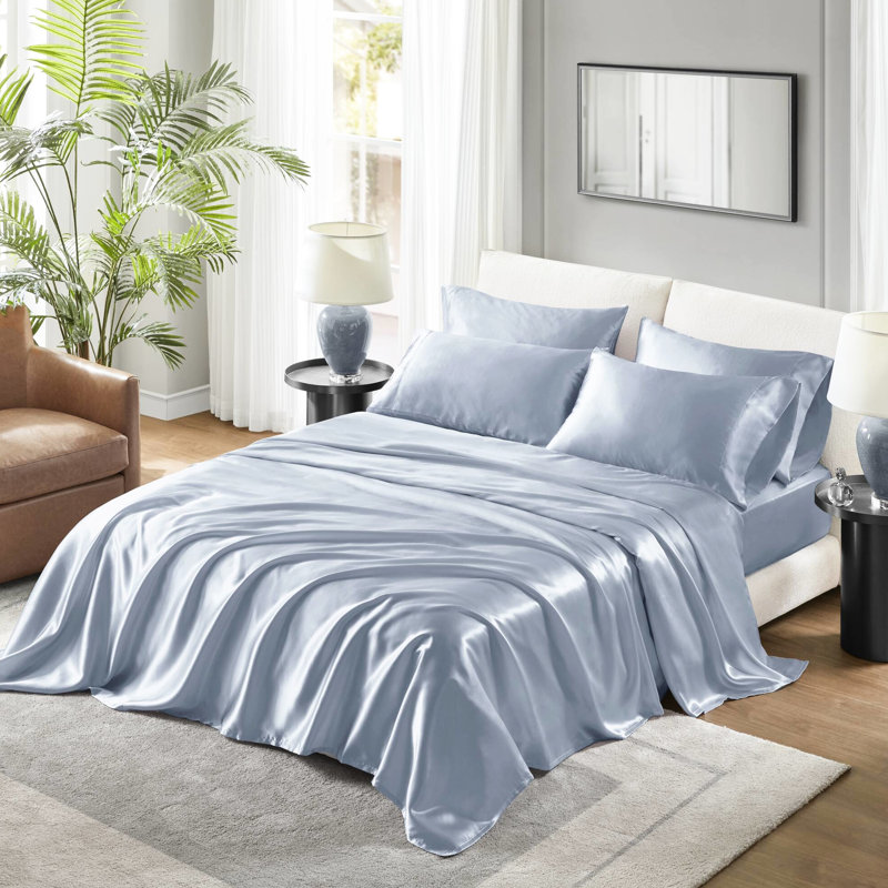 Drap-housse 6 pièces en satin pour grand lit Queen Blue Luxury
