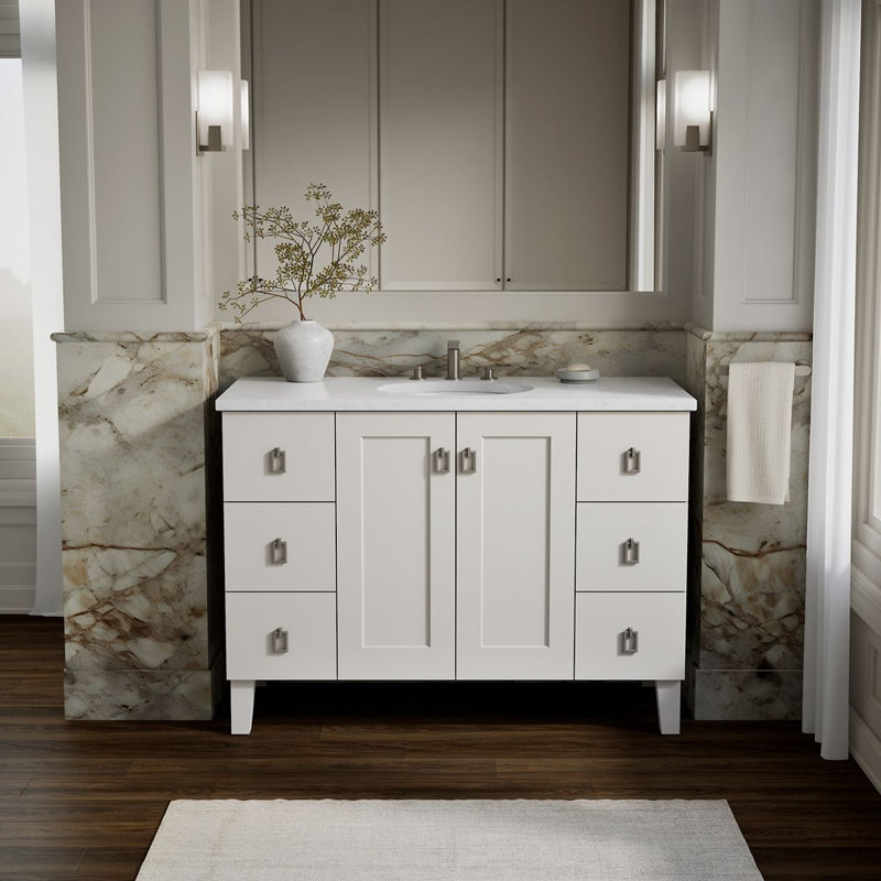 Base de meuble-lavabo Poplin® 48 po avec pieds de meuble, 2 portes et 6 tiroirs, Blanc lin