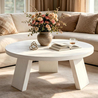 33.5 Inch Round Coffee Accent Table, Contemporary Round Center Table Featuring Slanted Leg Supports, Easy Assembly for Bedrooms and Living Spaces, White