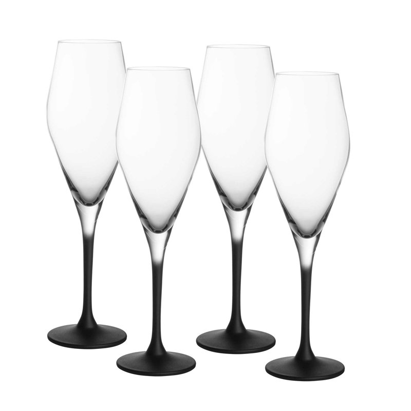 Elegant Black Stem Crystal Champagne Flutes, Set of 4