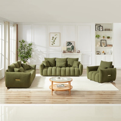 1 canapé + 3 places + 3 places, canapé de salon moderne, canapé en peluche, structure en bois, 7 coussins, mobilier d'appartement