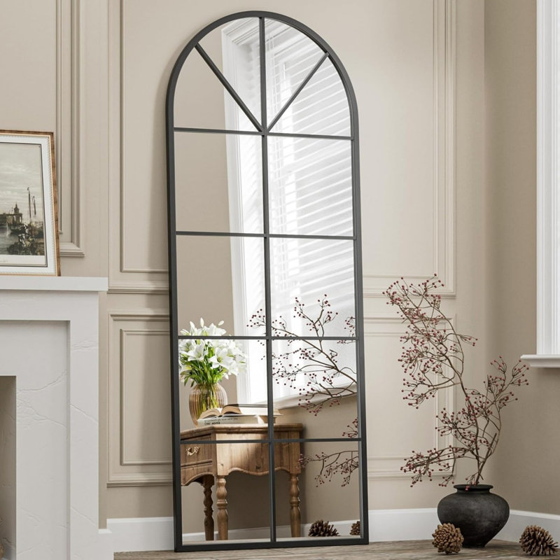 Full Length Mirror, 65"X22" Arched Window Pane Wall Mirror, Black Full Body Or Wall Mounted Farmhouse Mirror, Hanging Or Leaning For Living Room, Entryway, No Stand