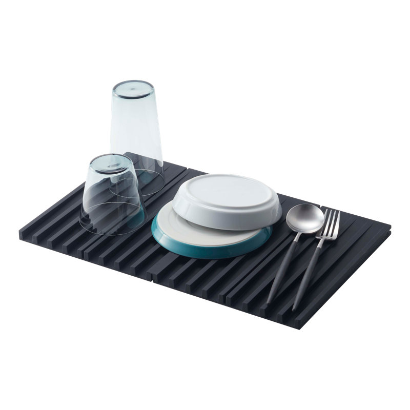 Yamazaki Home Foldable Drainer Tray - Kitchen Dish Drying Mat, Silicone, Collapsible, Black