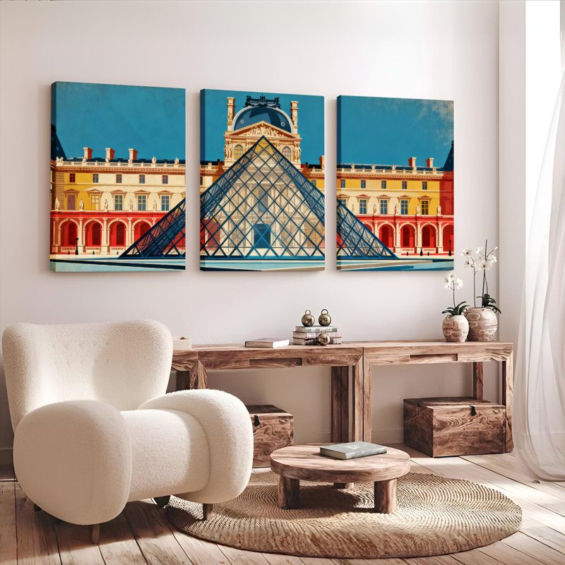Ensemble de 3 tableaux sur toile représentant la pyramide du Louvre à Paris, H 30 po x l 60 po