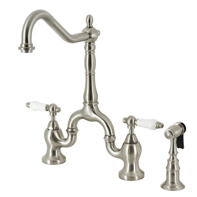 Kingston Brass English Country Two-Handle 3-Hole Deck Mount Bridge Kitchen Faucet with Brass Side Sprayer