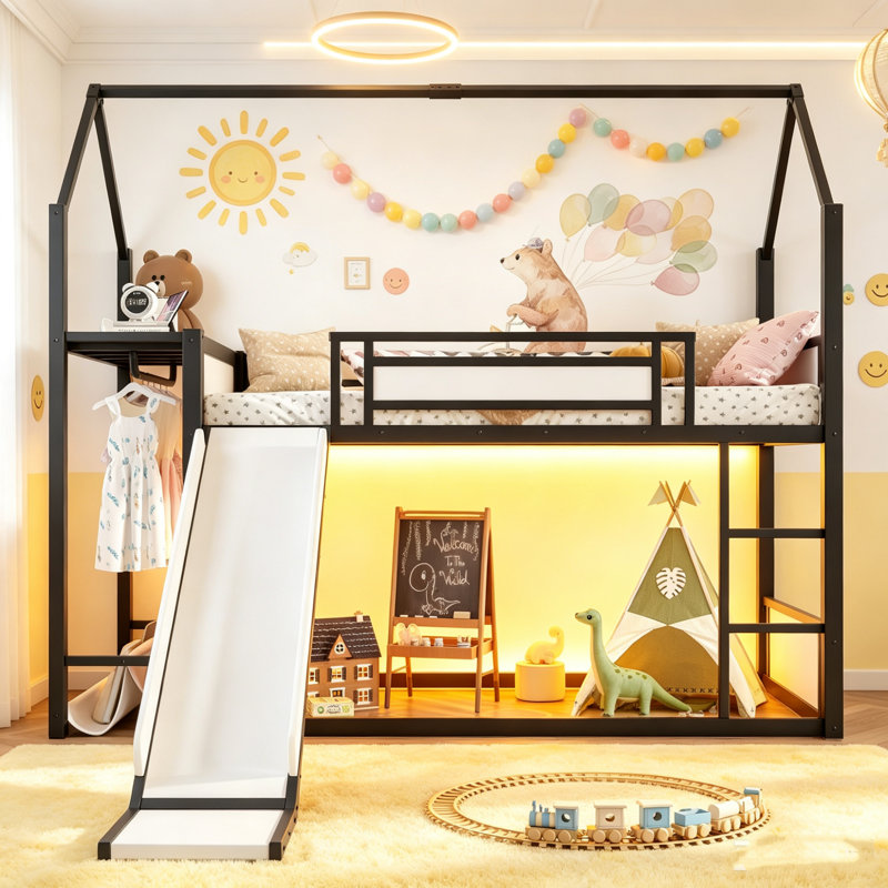 Lit superposé simple au-dessus d'un lit simple en métal, lit superposé avec glissade, support à vêtements et station de charge USB, lit superposé pour enfant avec tablette de rangement, structure de lit superposé pour enfant avec conception à profil bas pour chambre d'enfant