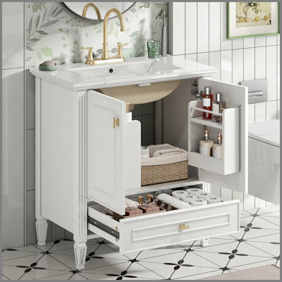 Meuble-lavabo 30 po avec lavabo, meuble-lavabo autoportant avec 1 tiroir et 2 portes à fermeture en douceur avec rangement pour porte, structure et pieds en bois massif, un paquet, blanc