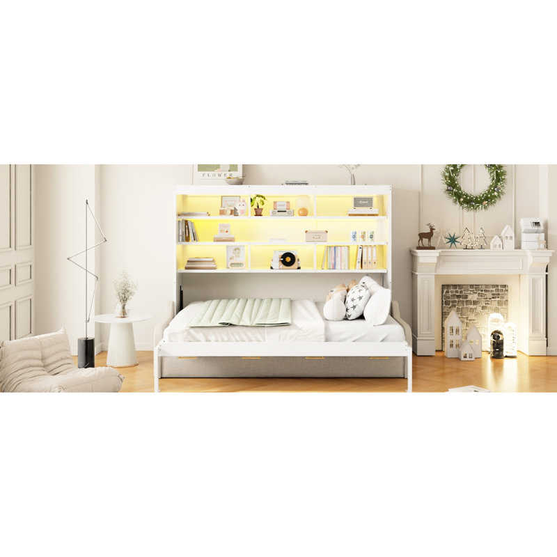 Lit double pleine grandeur avec rangement, lumières à DEL, facile à utiliser dans les petits appartements pour la maison