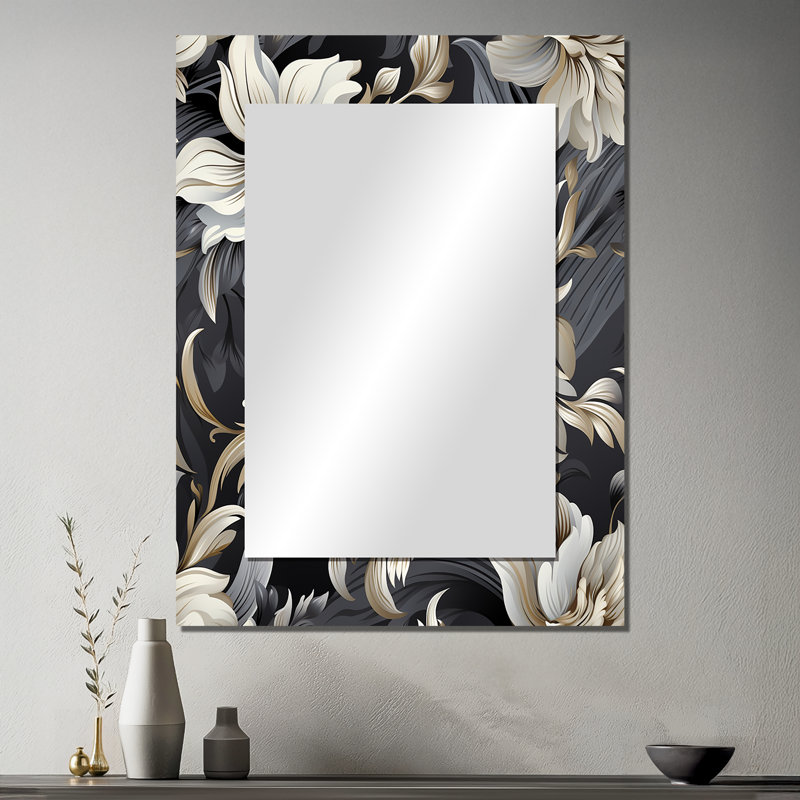 Deep Black Silver Flowers Elegance - Glam Mirror Wall Decor, 40" x 30"
