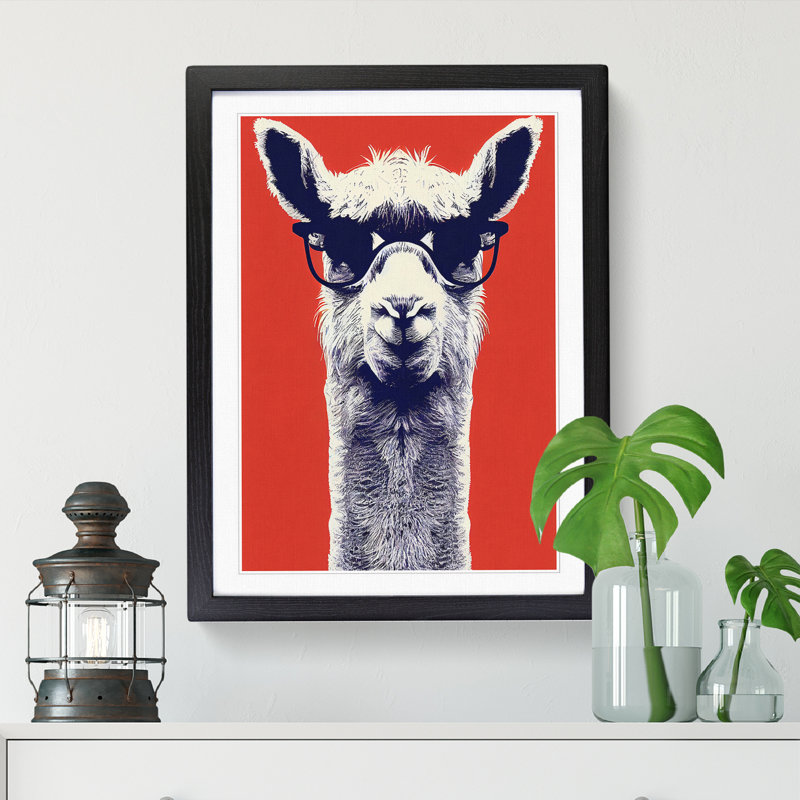 Llama With Glasses - Single Picture Frame Print, 34cm H x 25cm W x 2cm D, Oak