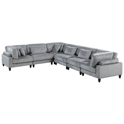 6 Modular Sectional , Gray Corduroy Upholstery, 3x Armless Chairs, Corner Seats, 9 Pillows Included Contemporary 6pc 3 300lbs Weight Capacity