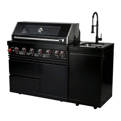 Barbecue de cuisine de 63 pouces à 6 brûleurs et 85 000 BTU de luxe pour barbecue en acier inoxydable avec comptoir + comptoirs en marbre + évier / robinet en acier inoxydable