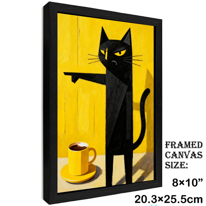 Art mural rétro noir avec chat noir et tasse jaune, impressions de style rétro, H 11 po x l 9 po