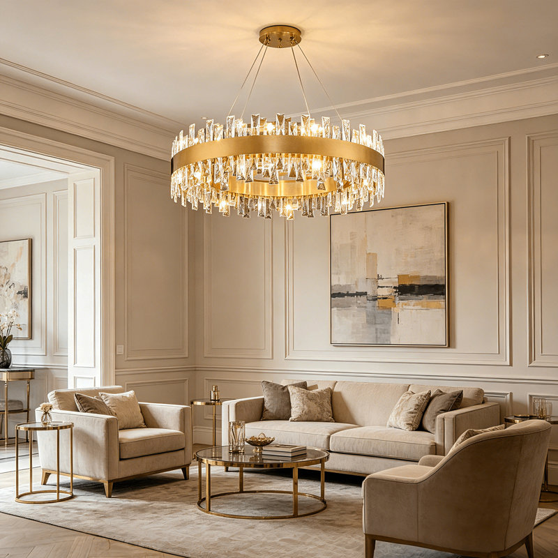 Lustre rond en cristal K9 de 23,6 pouces à intensité variable avec hauteur réglable pour la salle à manger et la cuisine, 12