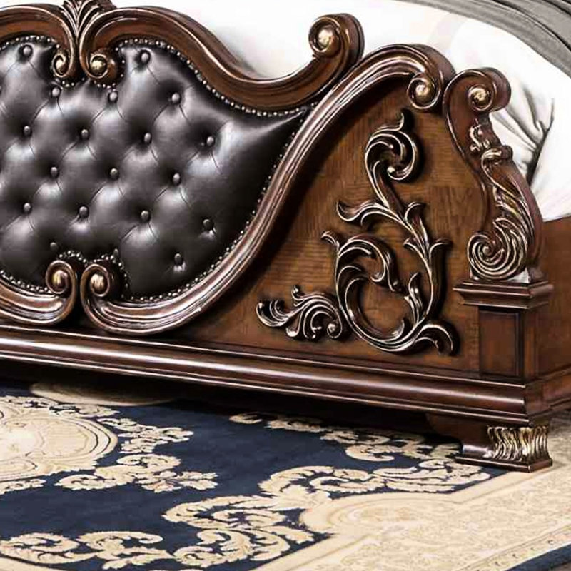 Grand lit de luxe grand, style traditionnel, cerisier brun, bois massif et bois de marbre, faux sculpté