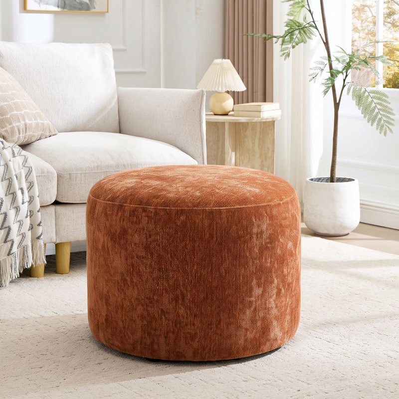 Regeani 57.5cm W Round Upholstered Pouf Ottoman with Chenille Fabric and Thick Padded Seat, Brown Chenille