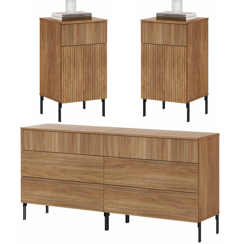 Ensemble de chambre à coucher 4 pièces, commode 6 tiroirs et table de chevet Aadham, Noyer