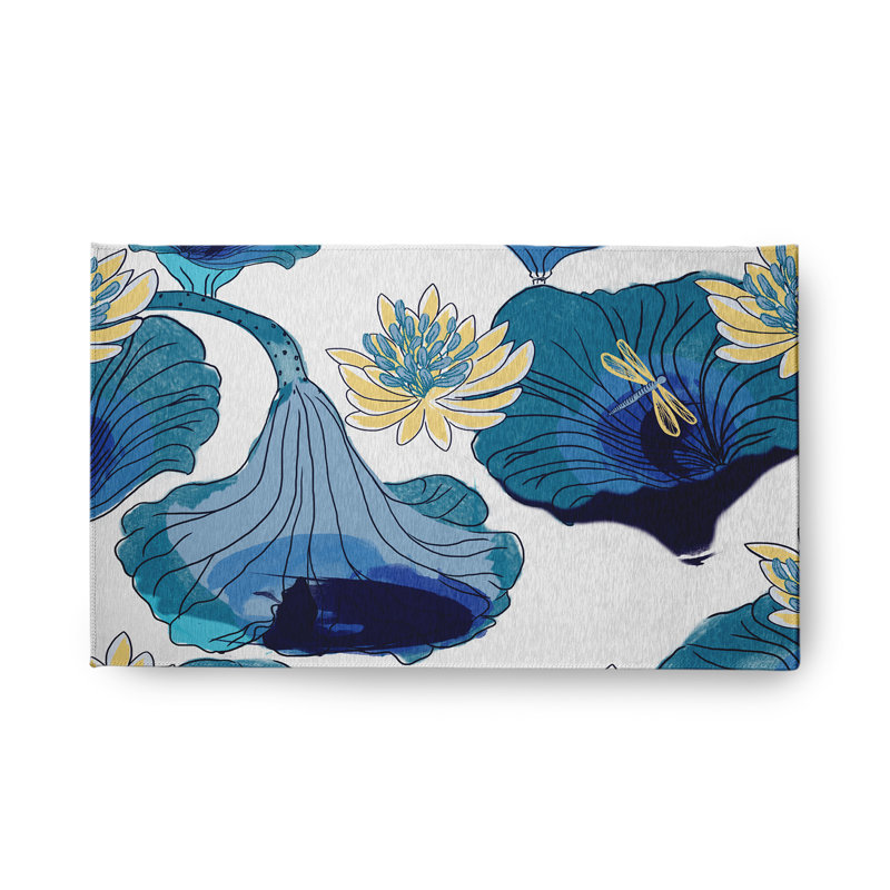 Tapis intérieur / extérieur tissé à la machine Floral en chenille bleu / jaune, Rectangle 1 pi 6 po x 2 pi 6 po