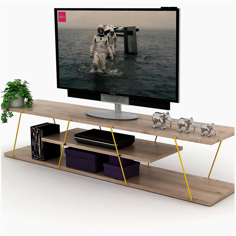 Meuble télé moderne avec tablettes ouvertes, centre de divertissement avec cordons de rangement en métal, meuble télé bas de 56 pouces, chêne