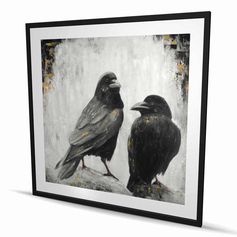 Deux oiseaux corbeaux - reproduction encadrée hyperréaliste pour la décoration intérieure, H 48 po x l 48 po, Noir