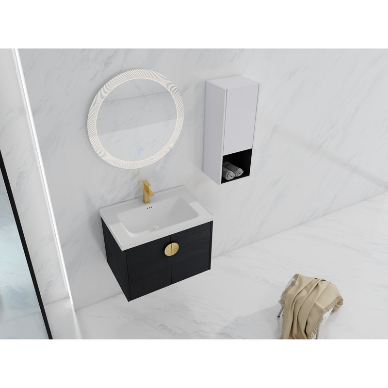 Meuble-lavabo de salle de bain avec lavabo en céramique et tiroir latéral - montage mural moderne 28 po