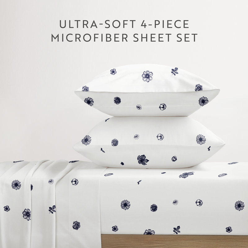 Home Indigo Flowers Pattern Microfiber Sheet Set, King
