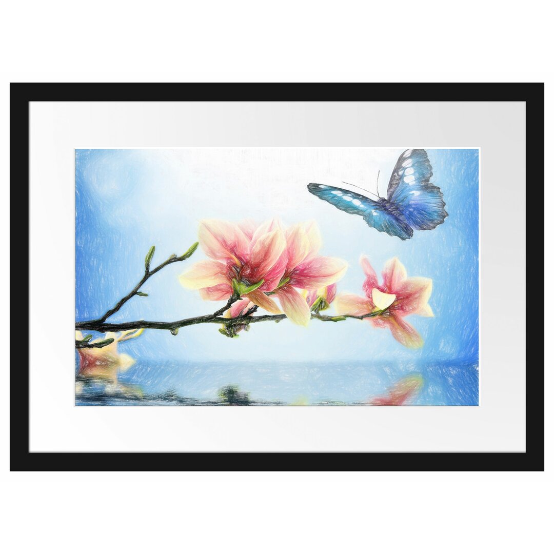 Gerahmtes Poster Schmetterling mit Magnolien-Blüte