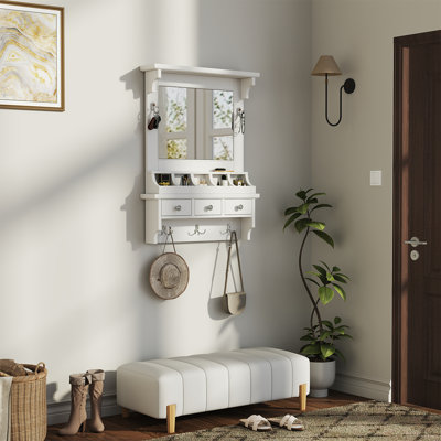 Meuble-lavabo flottant avec grand miroir, meuble-lavabo mural avec tiroirs, pochettes et crochets, organisateur de maison décoratif peu encombrant, blanc