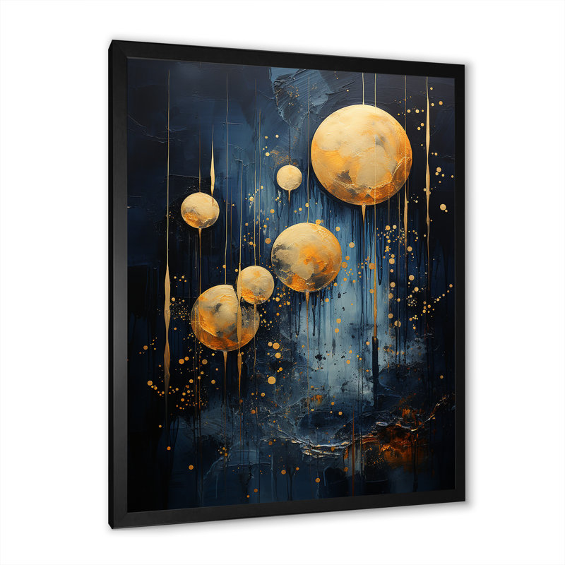 Lune bleu et or Céruléen rêves présents, H 32 po x l 24 po x P 1 po, Cadre simple noir