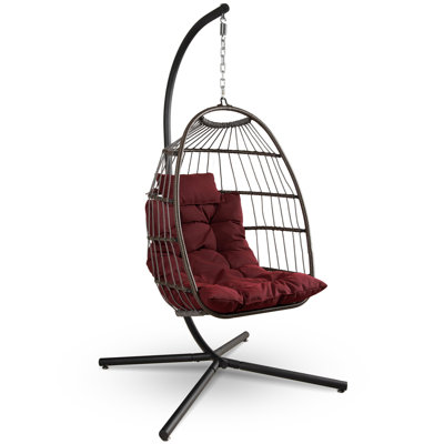  Fauteuil à œufs pliable avec support - Balançoire suspendue en osier de rotin pour une utilisation intérieure à l'extérieur - Capacité de 350 lb, coussin respirant et appui-tête - Patio, balcon, porche, mobilier de chambre à coucher