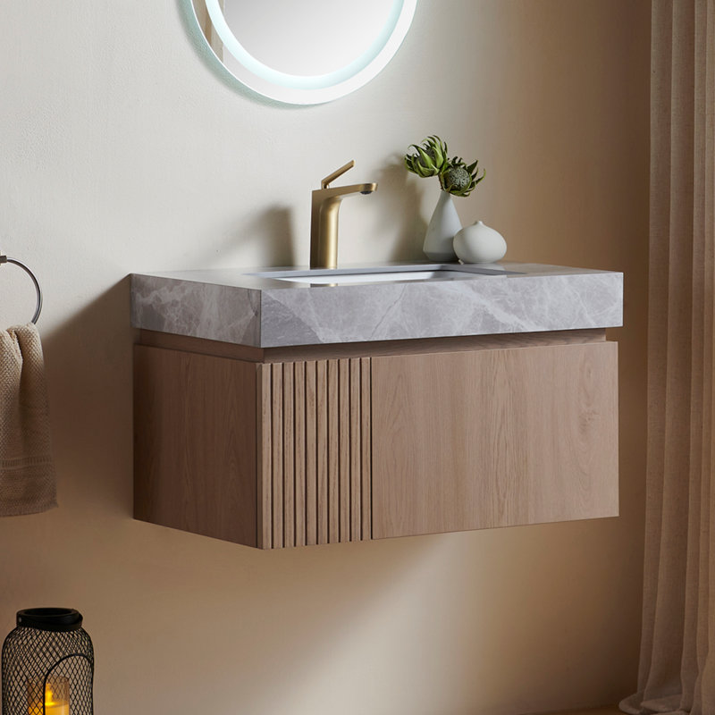 Meuble-lavabo mural 30 po avec comptoir en pierre frittée et lavabo en céramique Muri, 30", Gris clair, Marron clair