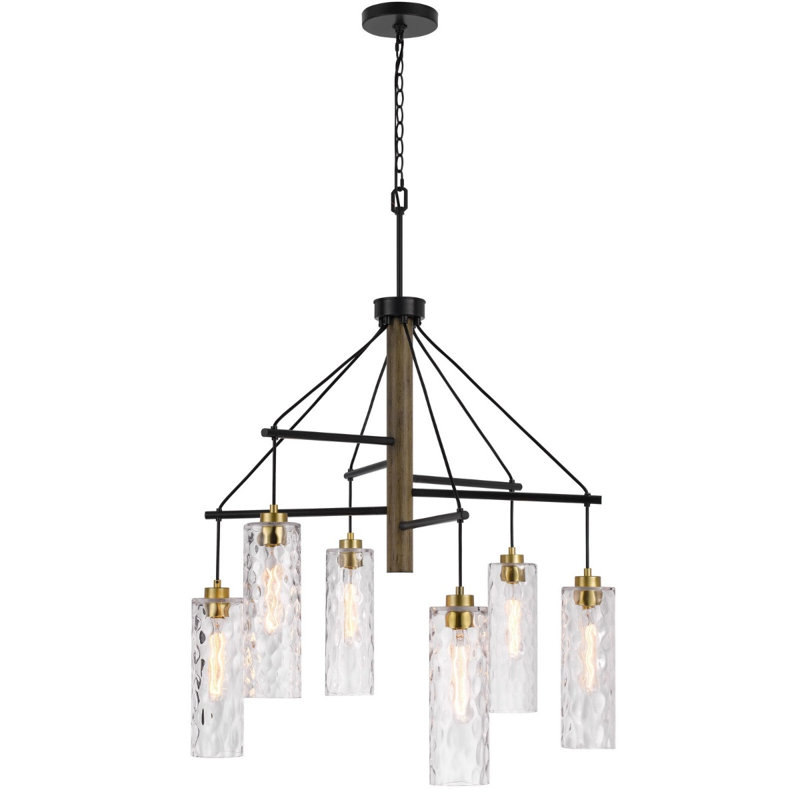 Lustre 6 lumières en bois d'hévéa et en métal avec abat-jour en verre texturé Williston
