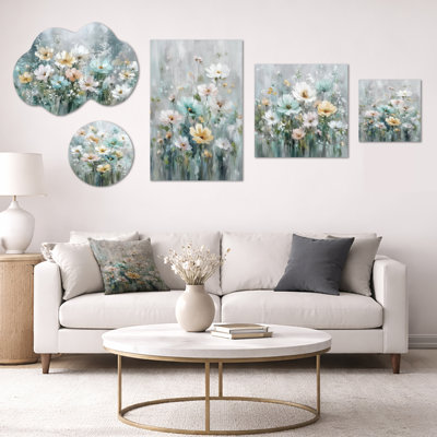 Yellow Blue Wildflowers in Bloom – Large Floral Wall Art, Framed Canvas and Metal Set of 5 (100" x 40")