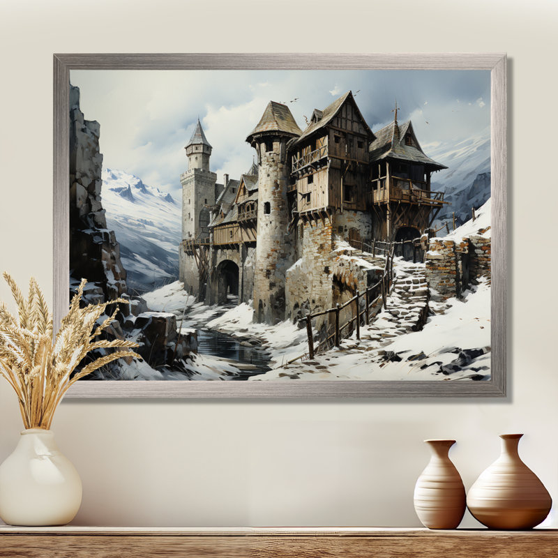 Mediaval Castle In Winter Charm I - Châteaux, art mural, Cadre flottant blanc, H 16 po x l 32 po x P 1 po