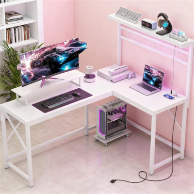 Computer Desk,L Shaped Gaming Desk With Power Outlets & LED Lights,With Monitor Stand And CPU Shelf