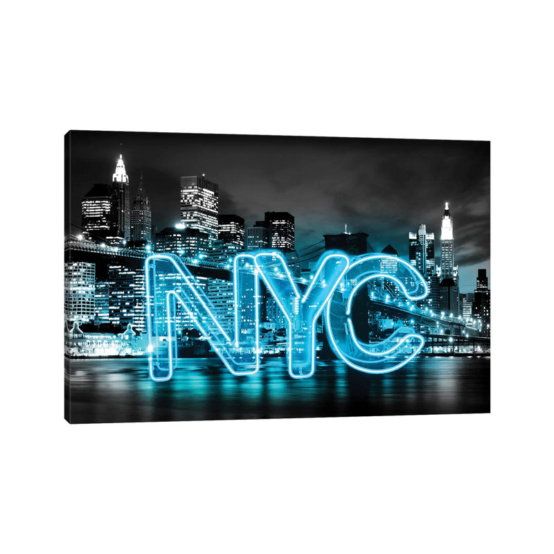 Neon New York City Aqua On Black by Hailey Carr - Wrapped Canvas Print, 101.6 cm H x 66.04 cm W x 1.91 cm D
