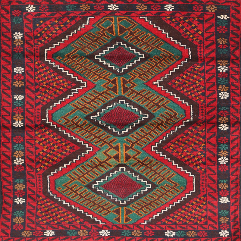 Tapis rouge/gris/bleu zone contemporaine, Carré 7 pi