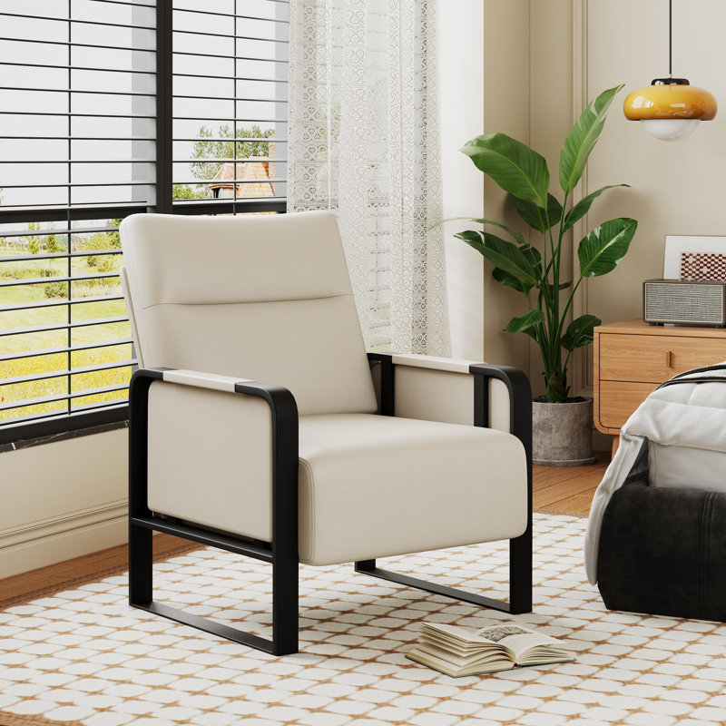 Whole Metal Frame Upholstered Accent Chair With Side Tray Table, Beige Faux Leather