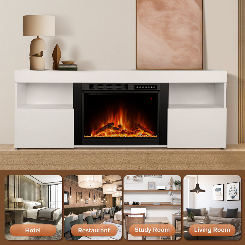 TV Stand for TVs up to 60" with Electric Fireplace with Remote Control,Adjustable Real 3d Flame Brightness, White