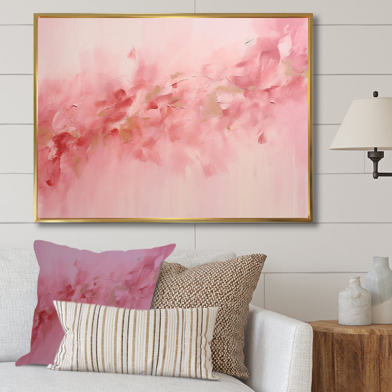 Art mural abstrait doré et rose rivière II - Fuschia, Cadre flottant doré, H 16 po x l 32 po x P 1 po