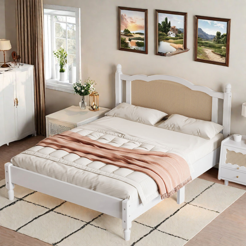 Queen White Pine Wood Platform Bed with Rattan Headboard
