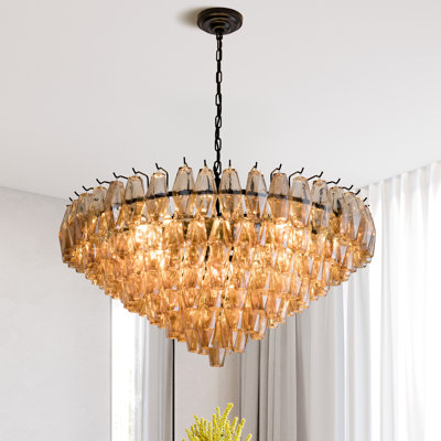 Angulo 14 - Light Modern Round Chandelier Ceiling Light Pendant Lighting Fixture with Tiered Smoke Glass Tubes
