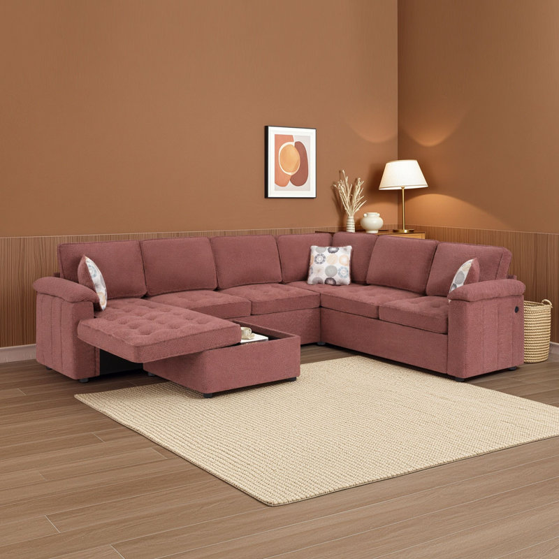 Canapé d'angle en forme de U avec méridienne de rangement dissimulée, ports USB et 3 coussins décoratifs imprimés, Rouge