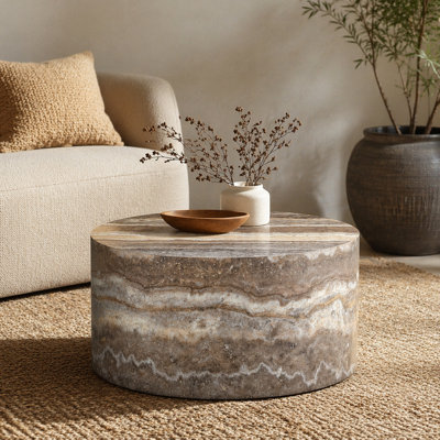 Table basse ronde en panneau de fibres à densité moyenne de 23,6 pouces de diamètre x 11,8 pouces de hauteur avec des meubles en bois aggloméré. Convient aux salons de style industriel ou minimaliste.