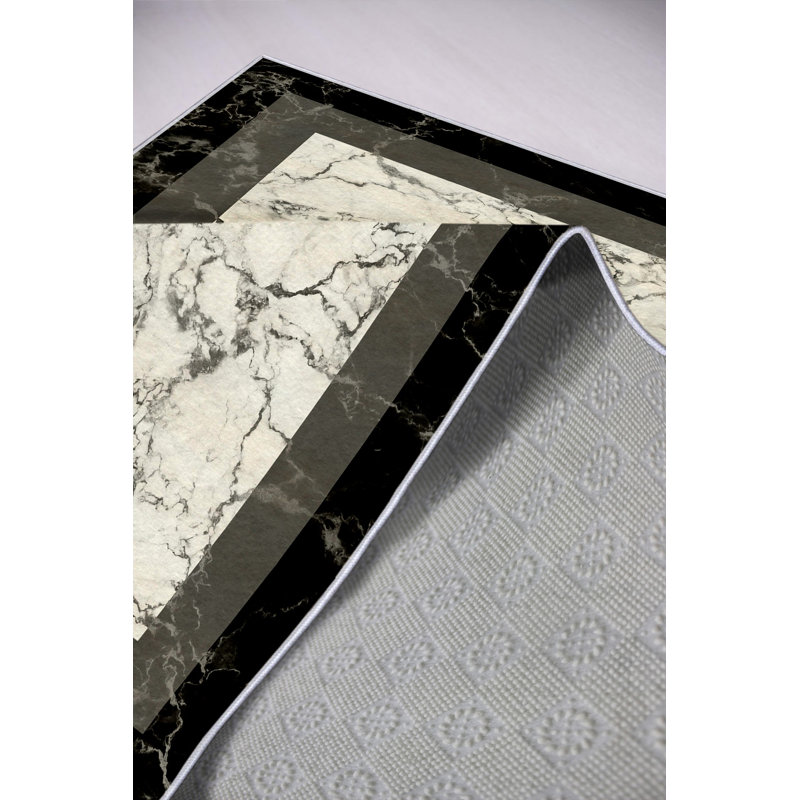 Tapis élégant (4,6 x 7,2 pi), noir et gris, 100% polyester, 650 g / m² | Pois antibactérien, écologique et antidérapant en PVC | Lavable à la machine, hauteur de poils de 0,2 po | Parfait pour le salon et la chambre à coucher