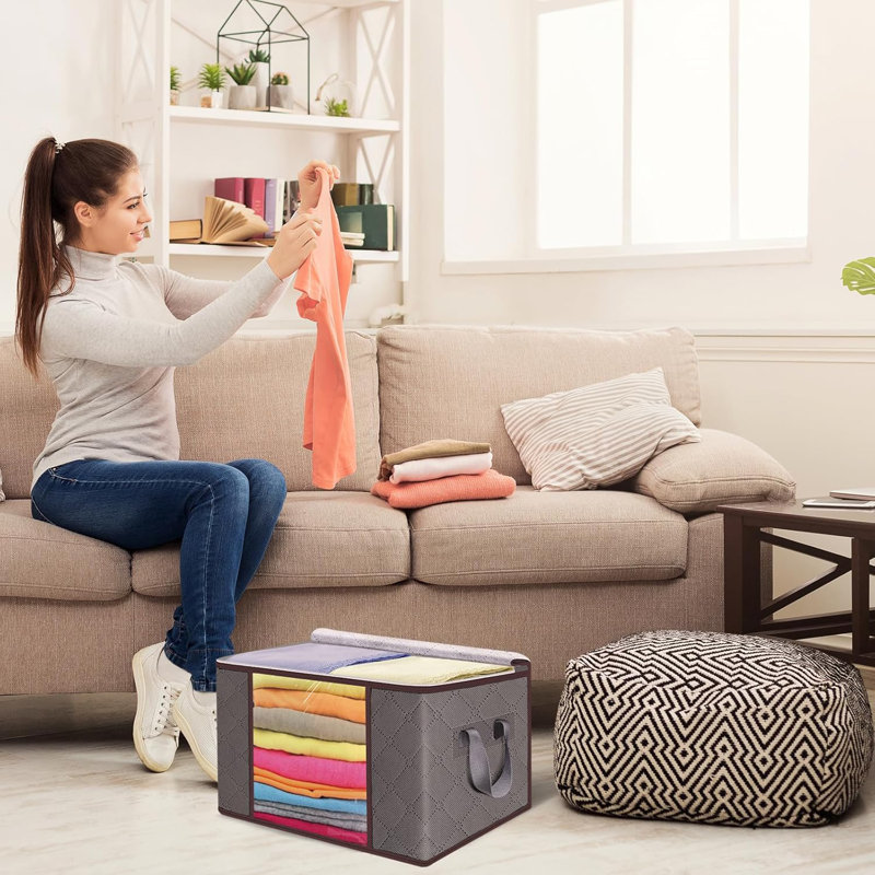 Grands sacs de rangement pliables 90L avec fermeture à glissière et fenêtres, paquet de 6 bacs en tissu durable pour les vêtements, la literie et plus