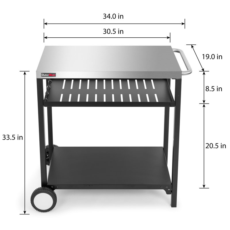Silver and Black Steel Outdoor Grill Cart with Shelves